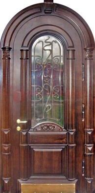 Арочная металлическая дверь массив со стеклом и ковкой ДА-50 в Пушкино