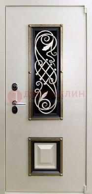 Белая стальная дверь с ковкой со стеклопакетом и МДФ ДК-30 в Пушкино