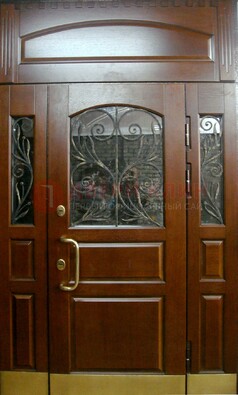 Стальная парадная дверь со вставками из стекла и ковки ДПР-30 в коттедж в Пушкино