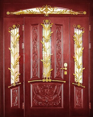 Бордовая железная парадная дверь со стеклом и ковкой ДПР-75 в Пушкино
