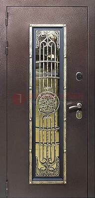 Железная дверь цвета медный антик со стеклом и ковкой ДСК-105 в Пушкино
