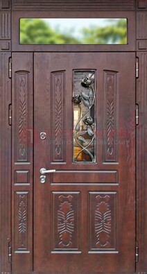 Коричневая железная дверь со стеклом и ковкой на улицу ДСК-127 в Пушкино