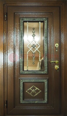 Теплая входная дверь со стеклом и ковкой разноцветной ДСК-13 в Пушкино