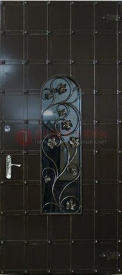 Высокая железная дверь со стеклом и ковкой ДСК-15 в Пушкино