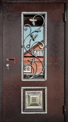 Коричневая стальная дверь порошок со стеклом и ковкой ДСК-163 в Пушкино
