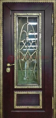 Темная уличная дверь порошок со стеклом и ковкой ДСК-167 в Омске