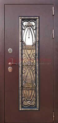 Коричневая стальная дверь порошок со стеклом и ковкой для дома ДСК-169 в Пушкино