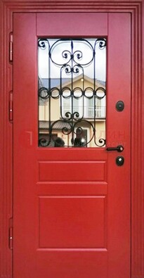 Красная железная дверь Винорит со стеклом и ковкой ДСК-205 в Пушкино