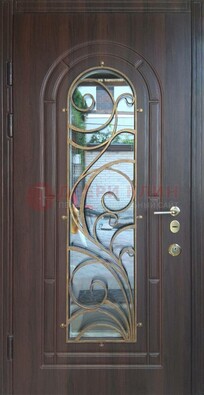 Железная дверь Винорит со стеклом и ковкой в темном цвете ДСК-216 в Пушкино