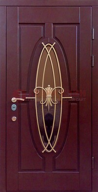Бордовая стальная дверь Винорит со стеклом и ковкой ДСК-263 в Пушкино