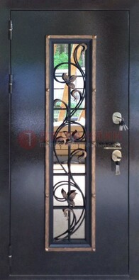 Железная дверь с порошковым напылением стеклом и ковкой ДСК-279 в Пушкино