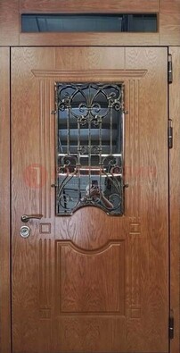 Металлическая входная дверь со стеклом и ковкой для дома ДСК-96 в Пушкино