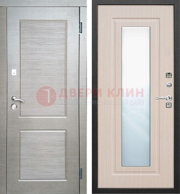 Светлая металлическая филенчатая дверь и МДФ Белый дуб с зеркалом ДЗ-104 в Пушкино