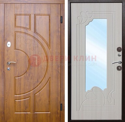 Коричневая металлическая дверь c МДФ с узором и зеркалом ДЗ-105 в Пушкино