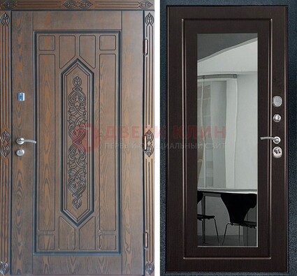 Уличная коричневая дверь c виноритом и МДФ Венге с зеркалом ДЗ-116 в Пушкино
