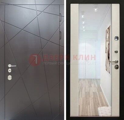 Железная коричневая дверь со светлой МДФ внутри и зеркалом ДЗ-125 в Пушкино