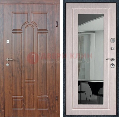 Входная коричневая дверь с МДФ Белый дуб и зеркалом ДЗ-126 в Пушкино