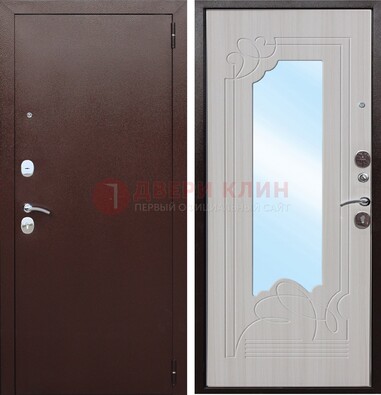 Коричневая металлическая дверь с зеркалом МДФ внутри ДЗ-33 в Пушкино