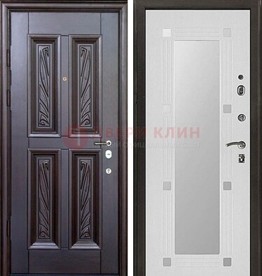 Коричневая стальная дверь с зеркалом МДФ внутри ДЗ-44 в Пушкино