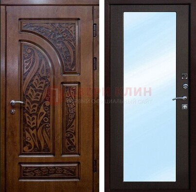 Коричневая входная дверь c узором и виноритом МДФ с зеркалом ДЗ-98 в Пушкино