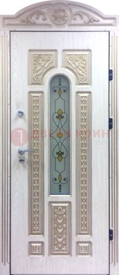 Белая железная дверь с МДФ и витражом ВЖ-26 в Пушкино