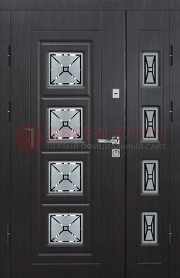 Чёрная двухстворчатая железная дверь с МДФ и витражом ВЖ-35 в Пушкино
