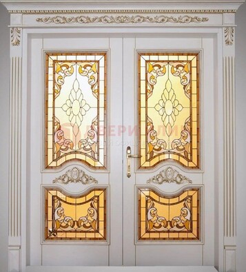Элитная металлическая дверь с витражом и отделкой массив ВЖ-4 в Пушкино