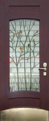 Бордовая стальная дверь с витражом и декоративным элементом ВЖ-3 в Пушкино